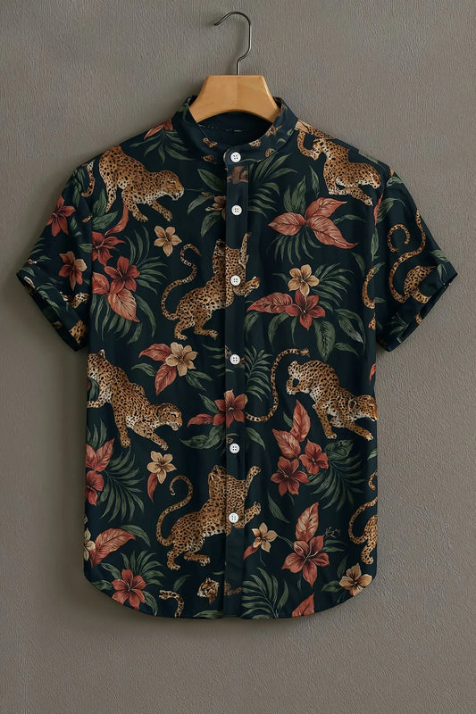 Premium Tropical Leopard Floral Mandarin Collar Shirt
