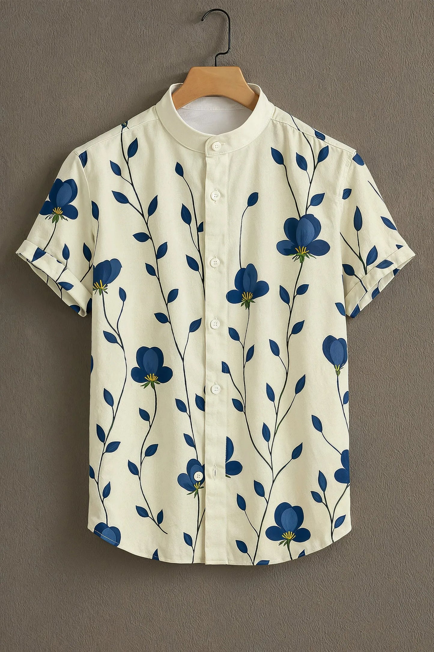 Premium Cream Blue Floral Vine Print Mandarin Collar Shirt