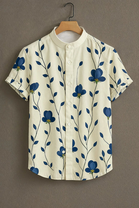 Premium Cream Blue Floral Vine Print Mandarin Collar Shirt