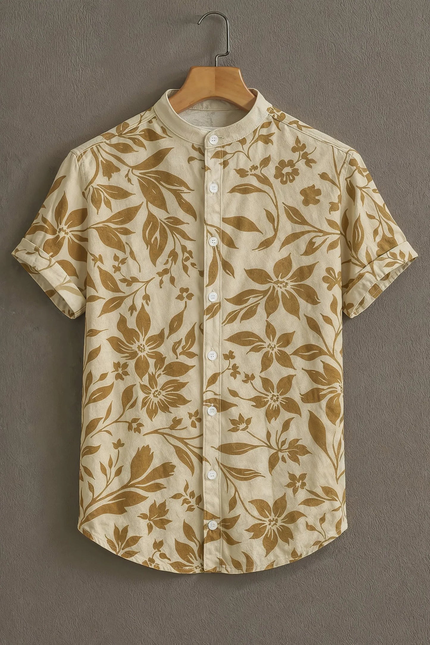 Premium Beige & Brown Floral Print Mandarin Collar Shirt