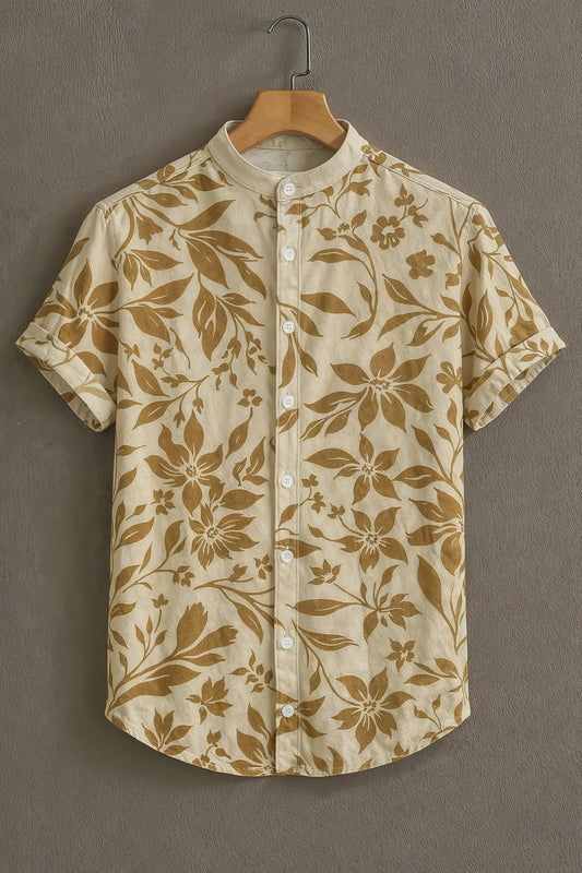 Premium Beige & Brown Floral Print Mandarin Collar Shirt