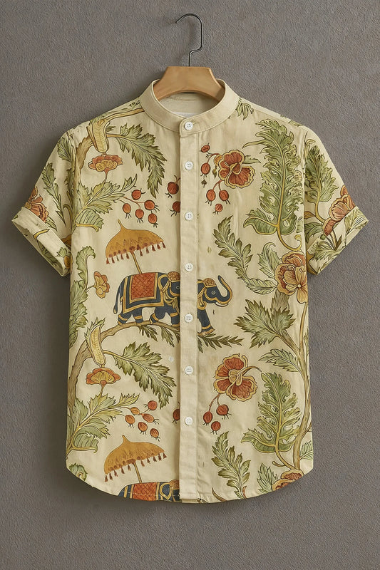 Premium Floral Elephant Print Mandarin Collar Shirt