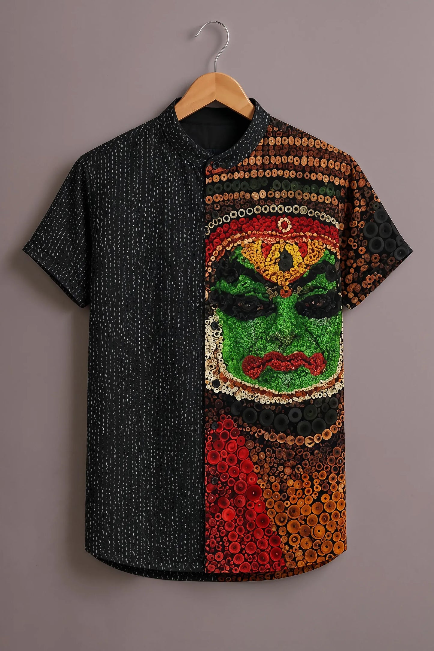 Premium Black Abstract Face Print Mandarin Collar Shirt