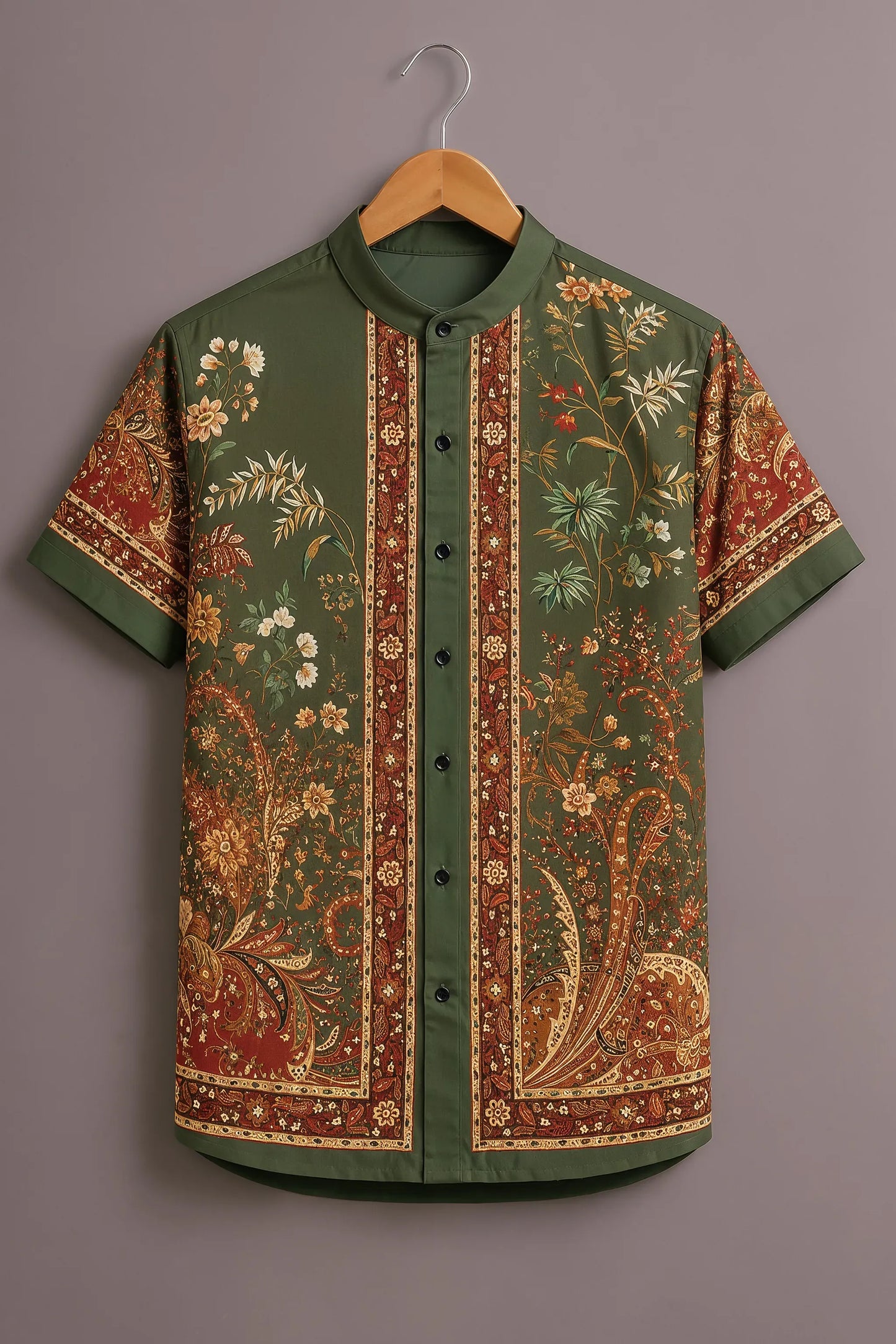 Premium Olive Green Floral Paisley Mandarin Collar Shirt