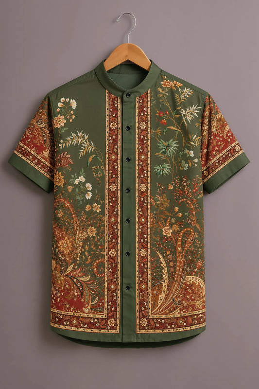 Premium Olive Green Floral Paisley Mandarin Collar Shirt