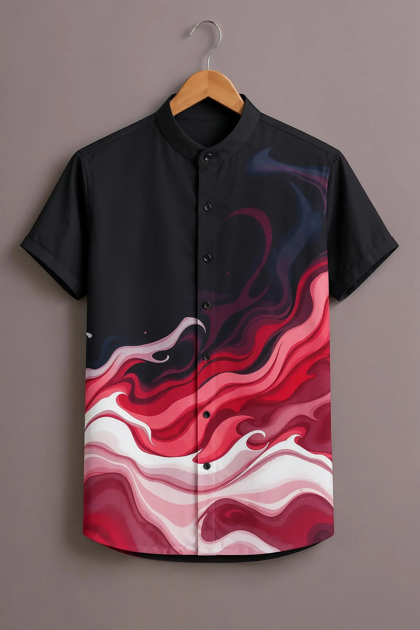 Premium Black Red Abstract Wave Mandarin Collar Shirt