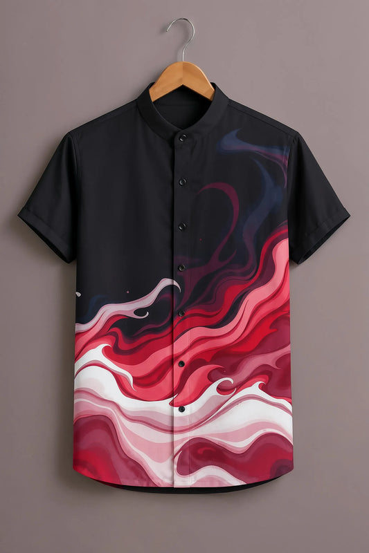 Premium Black Red Abstract Wave Mandarin Collar Shirt