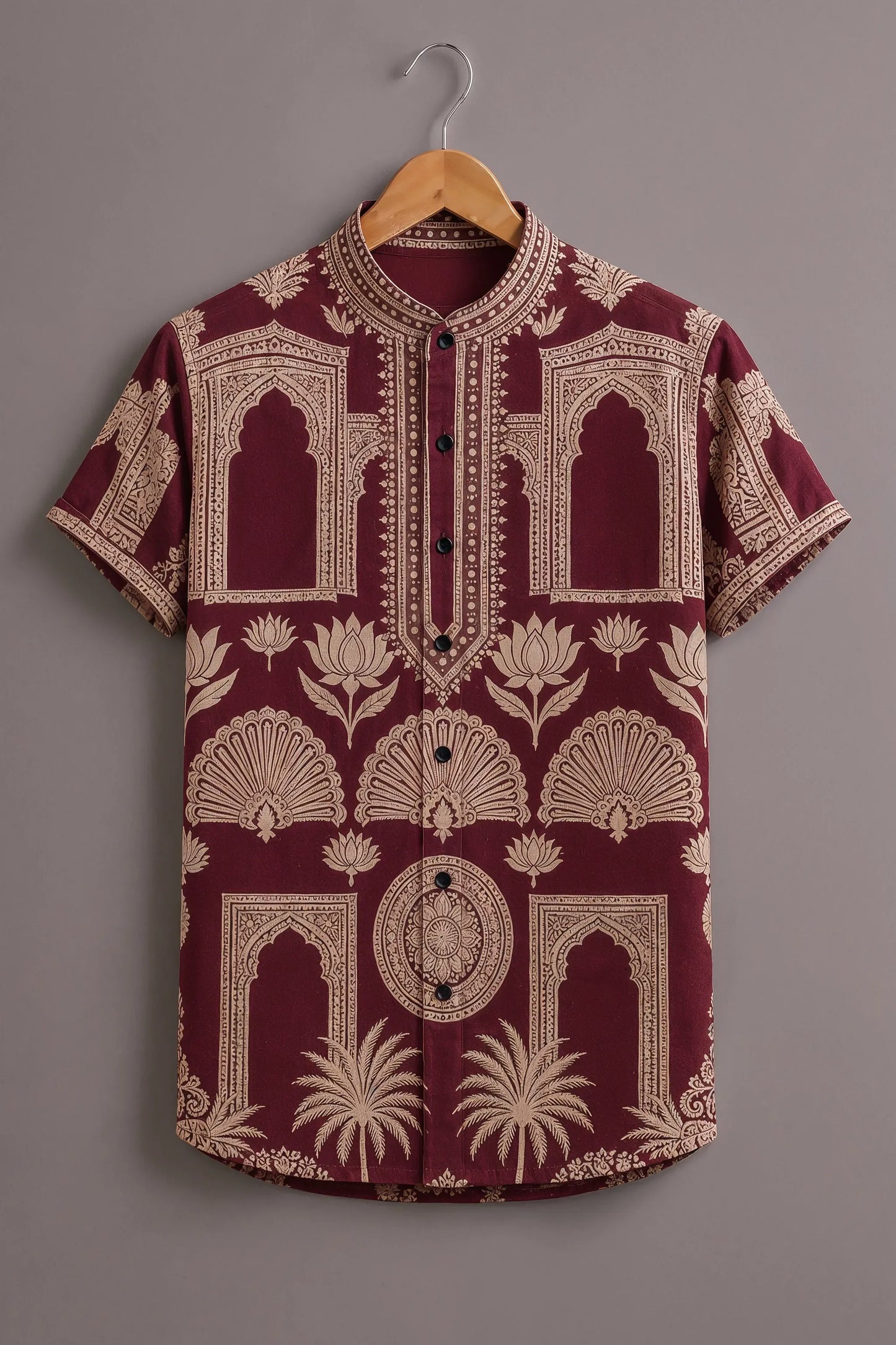 Premium Maroon Heritage Print Mandarin Collar Shirt