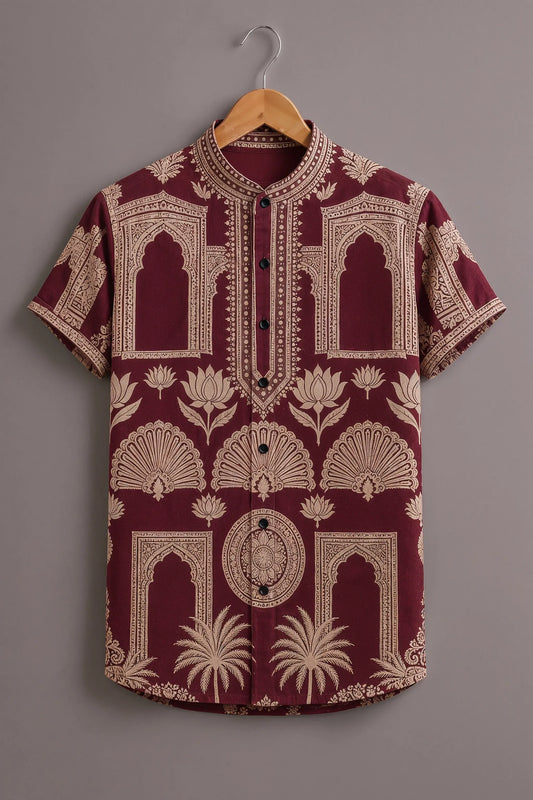 Premium Maroon Heritage Print Mandarin Collar Shirt