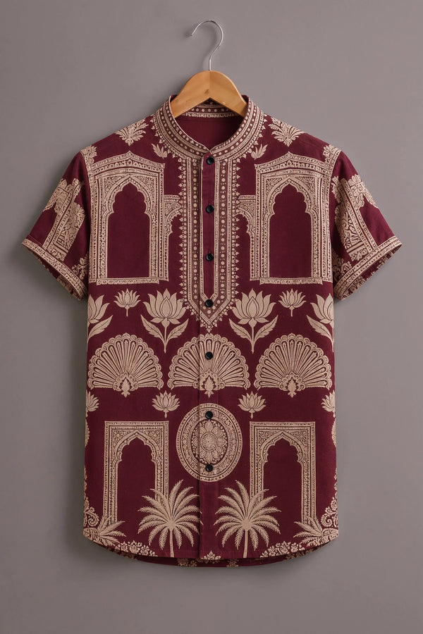 Premium Maroon Heritage Print Mandarin Collar Shirt
