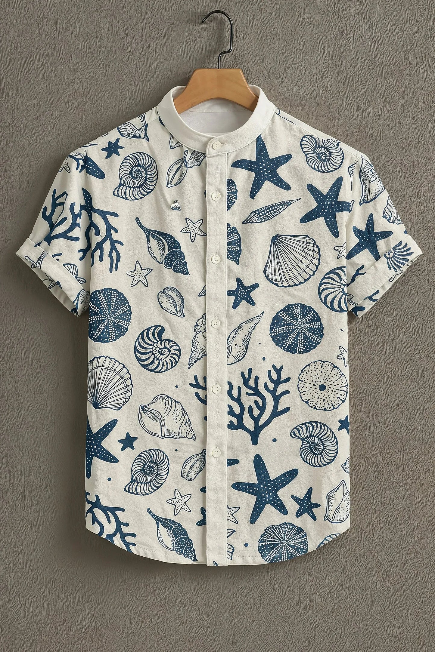 Premium Navy Blue Seashell & Starfish Print Mandarin Collar Shirt