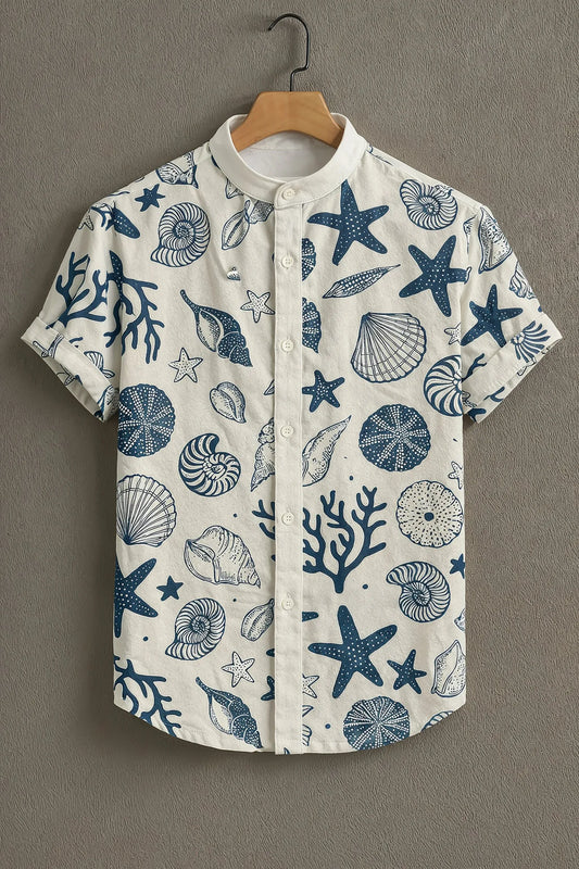 Premium Navy Blue Seashell & Starfish Print Mandarin Collar Shirt