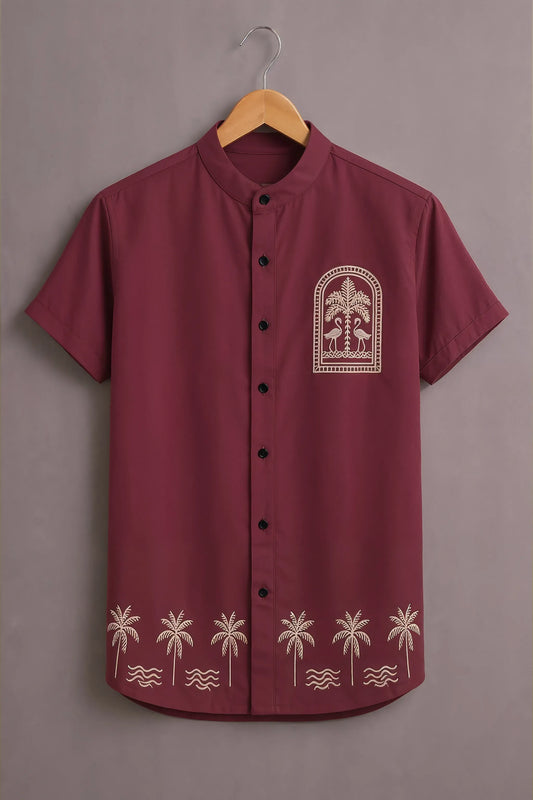 Premium Maroon Palm Tree Embroidered Mandarin Collar Shirt