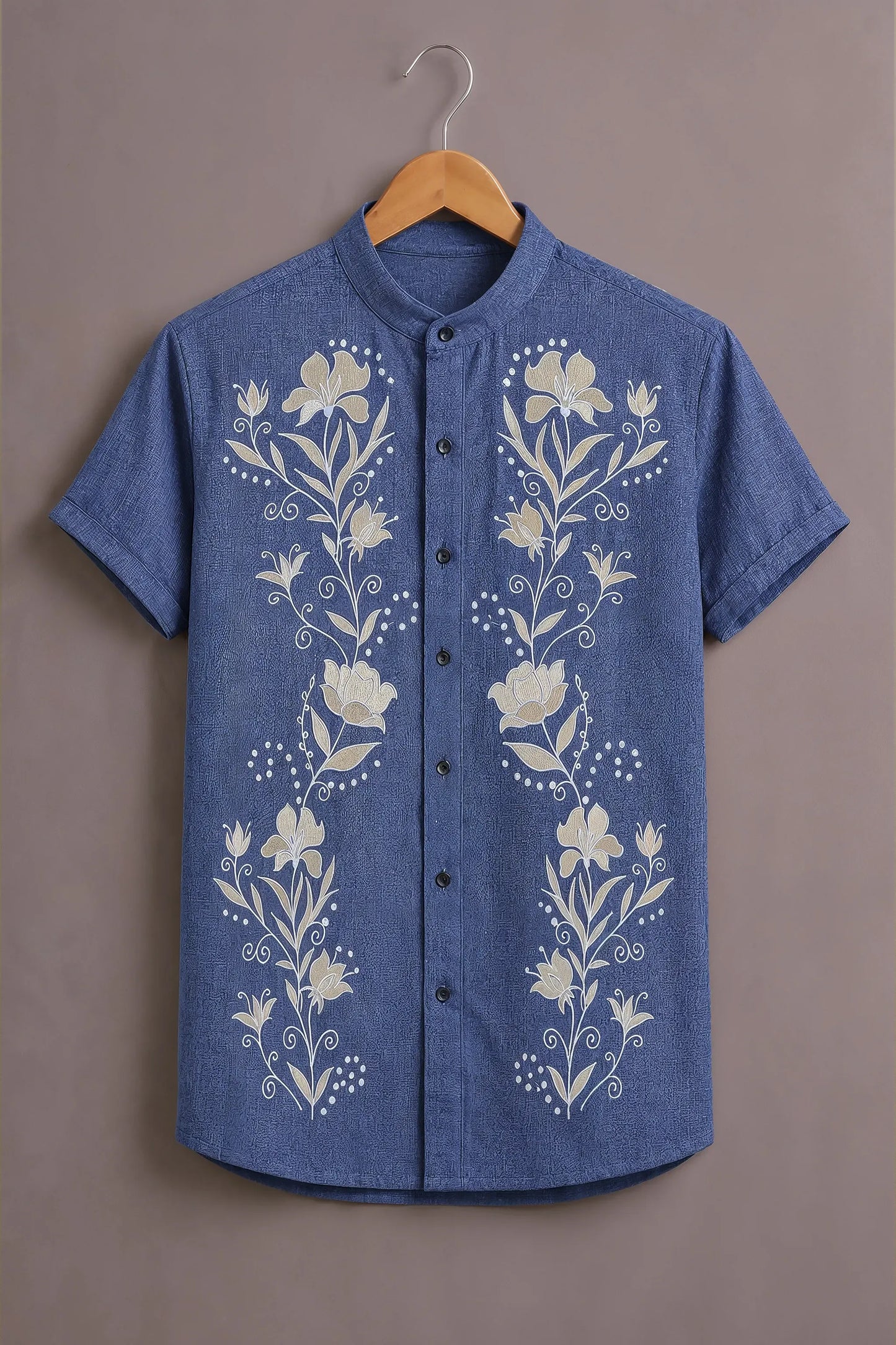 Premium Blue Floral Embroidered Mandarin Collar Shirt