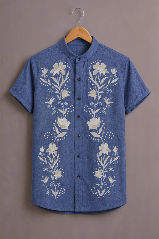Premium Blue Floral Embroidered Mandarin Collar Shirt