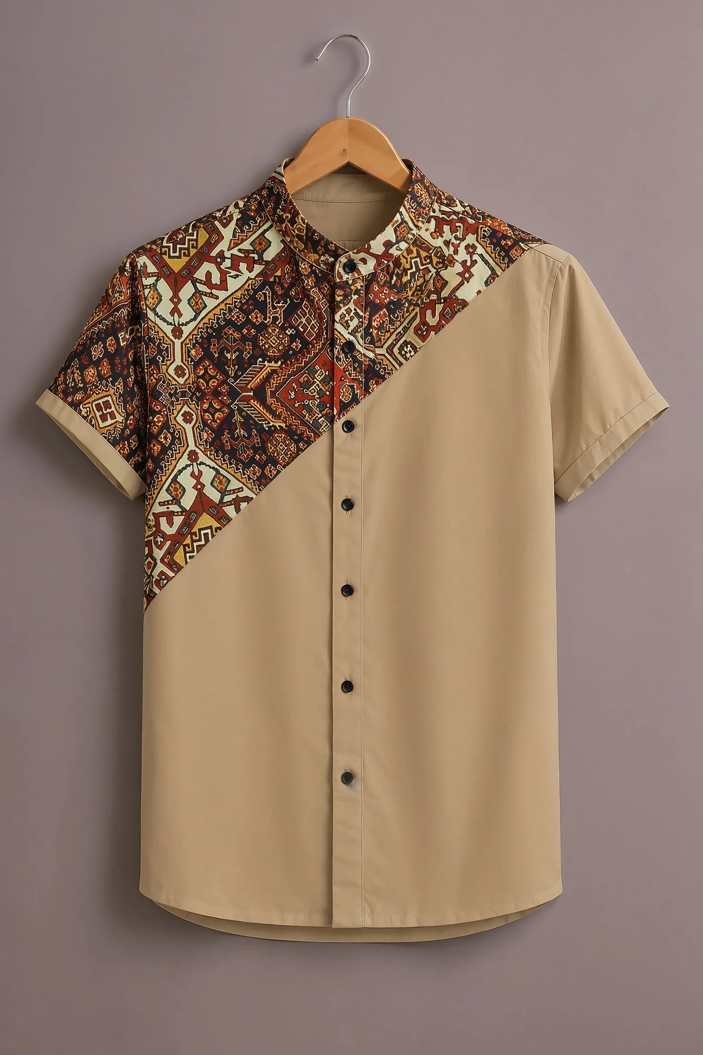 Premium Beige Geometric Ethnic Print Mandarin Collar Shirt